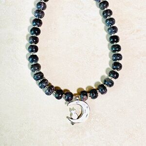 Dark Larvikite Silver Cat on the Moon Necklace, Genuine Gemstone Beaded Necklace